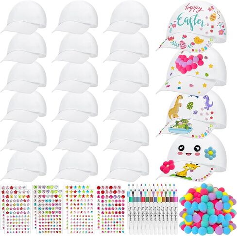 Gaiaring 24 Sets DIY Baseball Caps Include 24 White Baseball Hats 24 Color Pens 140 Multicolored Pompoms 8 Sheets Diamond Stickers for Classroom Activity Birthday Party Camp Outdoor Sports in Kuwait
