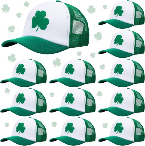 Jeyiour 12 Pcs St Patricks Day Trucker Hat Irish Green Shamrock Baseball Cap Adjustable Mesh Cotton Clover for Men Women(Green, Clover) in Saudi Arabia