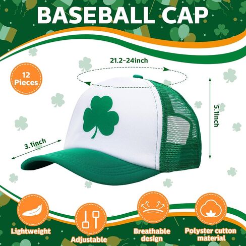 Jeyiour 12 Pcs St Patricks Day Trucker Hat Irish Green Shamrock Baseball Cap Adjustable Mesh Cotton Clover for Men Women(Green, Clover) in Saudi Arabia