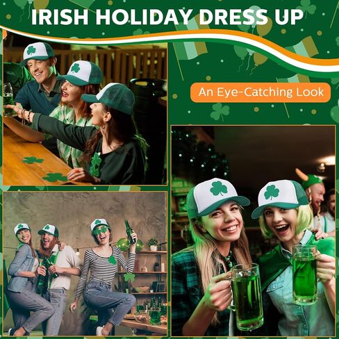 Jeyiour 12 Pcs St Patricks Day Trucker Hat Irish Green Shamrock Baseball Cap Adjustable Mesh Cotton Clover for Men Women(Green, Clover) in Saudi Arabia