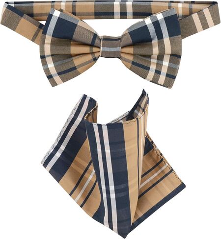 Vesuvio Napoli BowTie Navy Brown White Plaid Design Mens Bow Tie & Handkerchief in Saudi Arabia