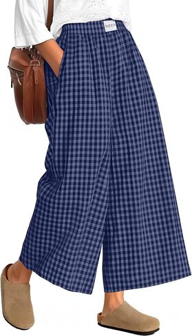Neer Women's Plaid Gingham Skirt Pants Flowy Oversized Wide Leg Elastic Waist Palazzo Casual Trousers with Pockets in Saudi Arabia