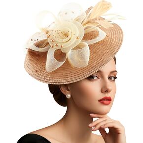 قبعة DRESHOW Fascinators قبعة ريش شبكية على شكل زهرة مع عصابة رأس ومشبك مقاس 7.9 سم أغطية رأس لحفلات الشاي للنساء المشمش والكاكي in Kuwait