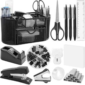 Office Supplies for Desk,14pcs Black Desk Sets and Accessories, Office Supply Kit with Mesh Desktop Organizer and Stapler,Staple Remover, Staples,Tape Dispenser,Sticky Tabs,Scissors, Ruler in Kuwait