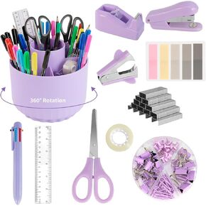 ملحقات مكتب أرجوانية، منظم مكتب 11 قطعة مع حامل أقلام دوار 360 درجة، دباسة، دبابيس، مزيل دبابيس، قلم، مسطرة، موزع شريط، شريط، مشابك، مقص، ملاحظات، مستلزمات مكتبية in Kuwait