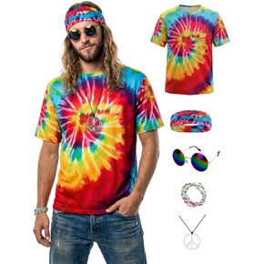 70s ملابس للرجال 7 قطعة زي الهبي للرجال التعادل صبغ تي شيرت هامش سترة السلام قلادة شعر مستعار النظارات الشمسية عقال in Kuwait