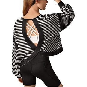 WDIRARA Girl's Striped Open Back Workout Tops Long Sleeve Loose Tee Running Sports T Shirts in Kuwait