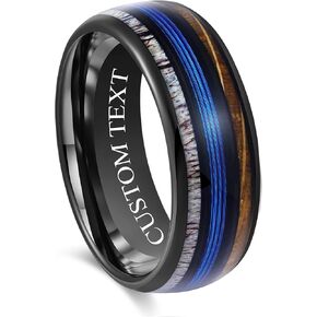 Custom Engraved Men's Wedding Ring Black Tungsten Deer Antler, Fishing Line & Whiskey Barrel Wood Inlay, Personalized Wooden Ring Box - 8mm Comfort Fit in Saudi Arabia