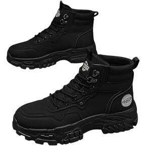 High-Top PU Leather Hiking Boots Men's Style, Street Sports Black Motorcycle Work Boots, Casual Round Toe Lace-Up Shoes, Universal Fit for Spring/Fall, All-Season in Saudi Arabia