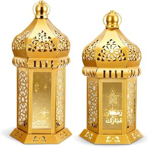 Honoson عيد رمضان فانوس كبير ذهبي معبد فانوس مغربي مصباح زينة رمضان للمنزل، معلق، فناء خارجي أو ديكور منزلي داخلي، ذهبي، مع أضواء سلسلة LED (أنيقة) in Kuwait