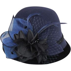 Bowler Hats for Women Flower Feather Wide Brim Fedora Bucket Hat Vintage Elegant Church Hats for Wedding Party Festival in Kuwait