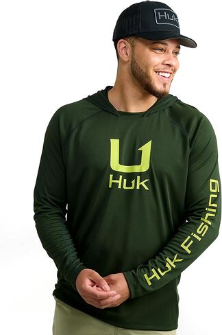 قميص بغطاء للرأس Icon Icon للرجال من HUK، قميص صيد مع حماية من الشمس للرجال، أخضر ضبابي، مقاس 3X-Large in Kuwait