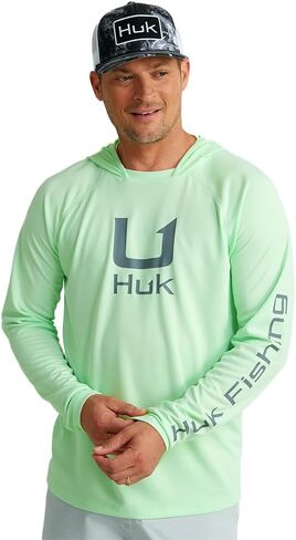 قميص بغطاء للرأس Icon Icon للرجال من HUK، قميص صيد مع حماية من الشمس للرجال، أخضر ضبابي، مقاس 3X-Large in Kuwait