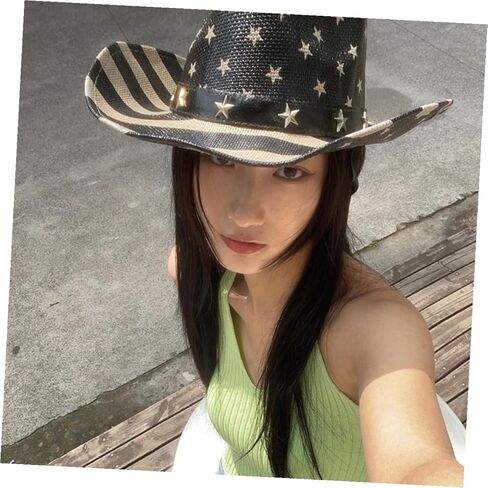 Toyvian American Flag Cowboy Hat Patriotic Straw Western Cowgirl Hat with Black Stripe for Men and Women 4th of July Celebration in Saudi Arabia