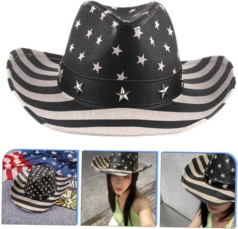 Toyvian American Flag Cowboy Hat Patriotic Straw Western Cowgirl Hat with Black Stripe for Men and Women 4th of July Celebration in Saudi Arabia