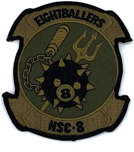 HSC-8 Eightballers Squadron Patch – Tactical Olive Drab (OD) Green – 4.25" Embroidered Hook and Loop Morale Patch – Navy Helicopter Sea Combat Squadron 8 Flight Suit Insignia in Saudi Arabia