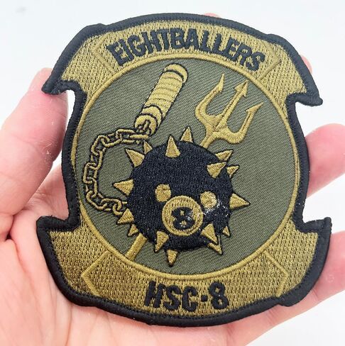HSC-8 Eightballers Squadron Patch – Tactical Olive Drab (OD) Green – 4.25" Embroidered Hook and Loop Morale Patch – Navy Helicopter Sea Combat Squadron 8 Flight Suit Insignia in Saudi Arabia