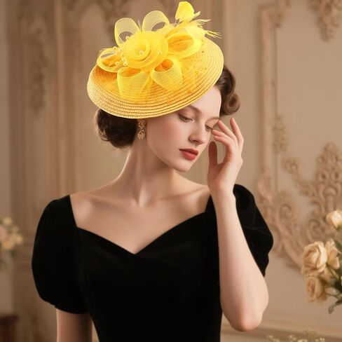 قبعة DRESHOW Fascinators قبعة من الريش الشبكي على شكل زهرة مع عصابة رأس ومشبك مقاس 7.9 سم أغطية رأس لحفلات الشاي للنساء in Saudi Arabia
