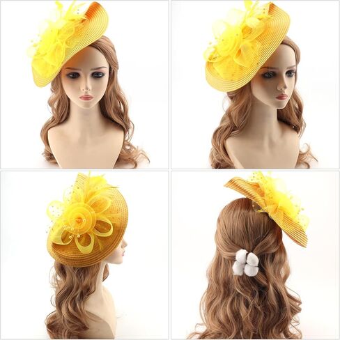 قبعة DRESHOW Fascinators قبعة من الريش الشبكي على شكل زهرة مع عصابة رأس ومشبك مقاس 7.9 سم أغطية رأس لحفلات الشاي للنساء in Saudi Arabia