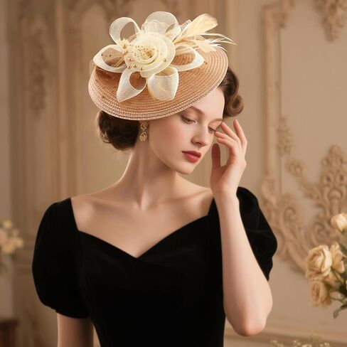 قبعة DRESHOW Fascinators قبعة ريش شبكية على شكل زهرة مع عصابة رأس ومشبك مقاس 7.9 سم أغطية رأس لحفلات الشاي للنساء المشمش والكاكي in Kuwait