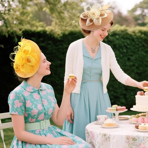 قبعة DRESHOW Fascinators قبعة ريش شبكية على شكل زهرة مع عصابة رأس ومشبك مقاس 7.9 سم أغطية رأس لحفلات الشاي للنساء المشمش والكاكي in Kuwait