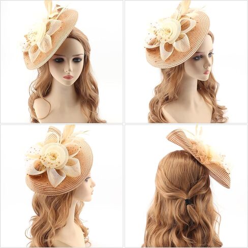 قبعة DRESHOW Fascinators قبعة ريش شبكية على شكل زهرة مع عصابة رأس ومشبك مقاس 7.9 سم أغطية رأس لحفلات الشاي للنساء المشمش والكاكي in Kuwait