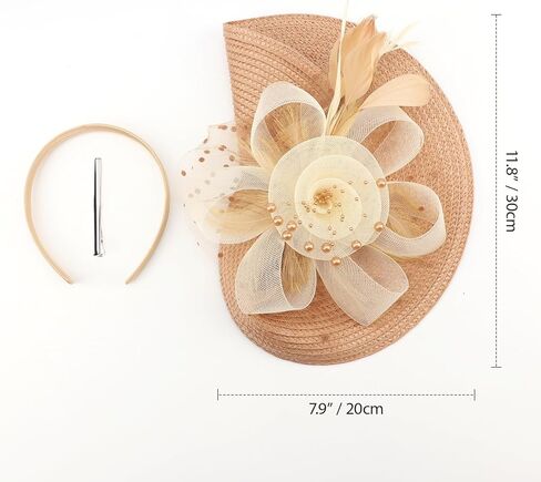 قبعة DRESHOW Fascinators قبعة ريش شبكية على شكل زهرة مع عصابة رأس ومشبك مقاس 7.9 سم أغطية رأس لحفلات الشاي للنساء المشمش والكاكي in Kuwait