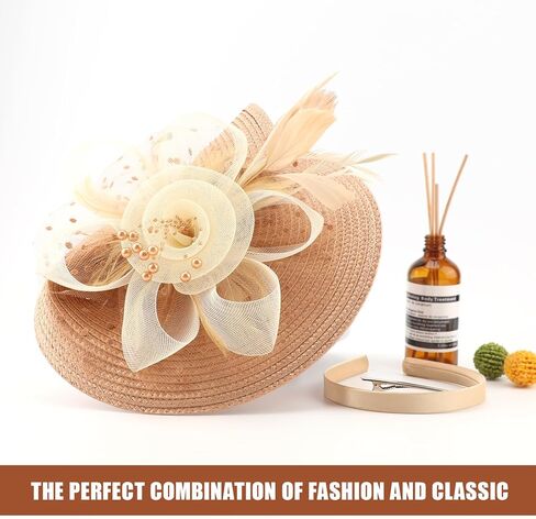قبعة DRESHOW Fascinators قبعة ريش شبكية على شكل زهرة مع عصابة رأس ومشبك مقاس 7.9 سم أغطية رأس لحفلات الشاي للنساء المشمش والكاكي in Kuwait
