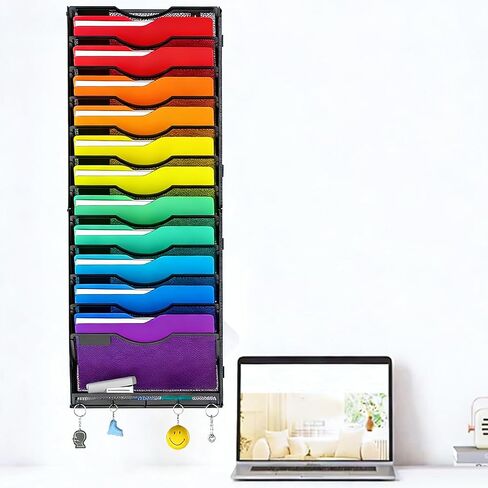 منظم ملفات جداري معلق ذو سعة كبيرة مكون من 13 طبقة مع 5 خطافات، حامل ملفات مثبت على الحائط رأسيًا، رف مجلة منظم للبريد للمكتب والمنزل والمدرسة in Kuwait
