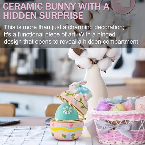 صندوق حلية على شكل بيضة أرنب عيد الفصح - حامل شموع ضوء الشاي مطلي يدويًا، منظم مجوهرات وتذكارات بمفصلات، ديكور منزلي على شكل أرنب، فكرة هدية لجميع الأعمار in Kuwait