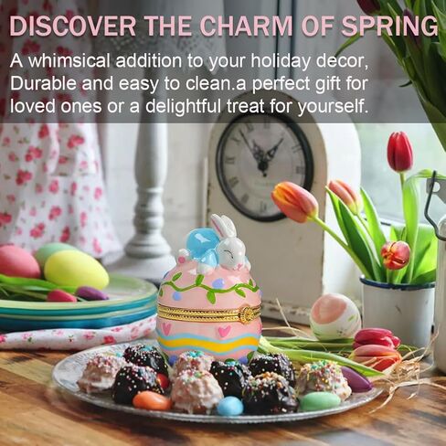 صندوق حلية على شكل بيضة أرنب عيد الفصح - حامل شموع ضوء الشاي مطلي يدويًا، منظم مجوهرات وتذكارات بمفصلات، ديكور منزلي على شكل أرنب، فكرة هدية لجميع الأعمار in Kuwait