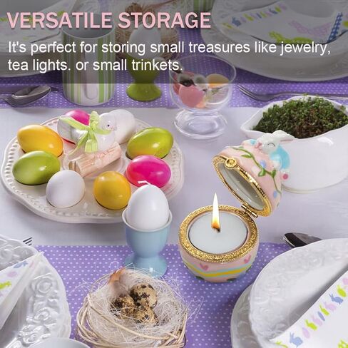 صندوق حلية على شكل بيضة أرنب عيد الفصح - حامل شموع ضوء الشاي مطلي يدويًا، منظم مجوهرات وتذكارات بمفصلات، ديكور منزلي على شكل أرنب، فكرة هدية لجميع الأعمار in Kuwait
