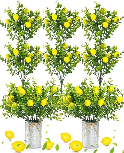 SIPRDE 6 Pack Artificial Lemon Branches Match 2 Pack Retro Vases, Vivid Yellow Faux Lemons, Table Centerpiece for Kitchen Home, Christmas Tree Decoration, Perfect for Party Decor in Kuwait