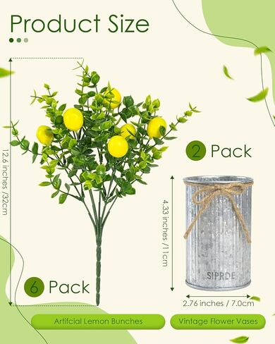 SIPRDE 6 Pack Artificial Lemon Branches Match 2 Pack Retro Vases, Vivid Yellow Faux Lemons, Table Centerpiece for Kitchen Home, Christmas Tree Decoration, Perfect for Party Decor in Kuwait