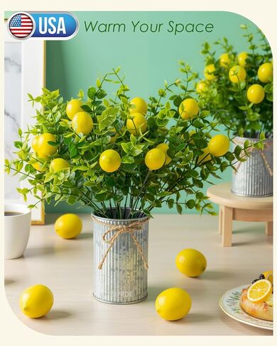 SIPRDE 6 Pack Artificial Lemon Branches Match 2 Pack Retro Vases, Vivid Yellow Faux Lemons, Table Centerpiece for Kitchen Home, Christmas Tree Decoration, Perfect for Party Decor in Kuwait