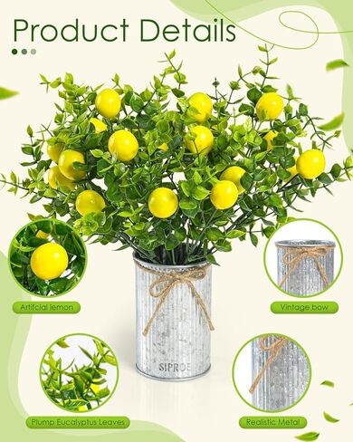 SIPRDE 6 Pack Artificial Lemon Branches Match 2 Pack Retro Vases, Vivid Yellow Faux Lemons, Table Centerpiece for Kitchen Home, Christmas Tree Decoration, Perfect for Party Decor in Kuwait
