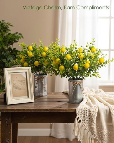 SIPRDE 6 Pack Artificial Lemon Branches Match 2 Pack Retro Vases, Vivid Yellow Faux Lemons, Table Centerpiece for Kitchen Home, Christmas Tree Decoration, Perfect for Party Decor in Kuwait