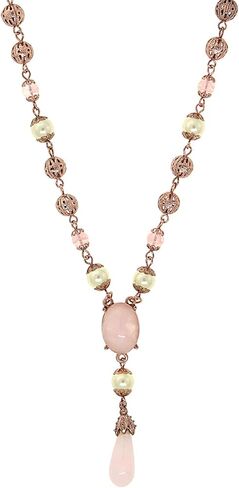 1928 Jewelry Women's Rose Gold Faux Pearl Rose Quartz Y Necklace 16" + 3" Extender in Saudi Arabia