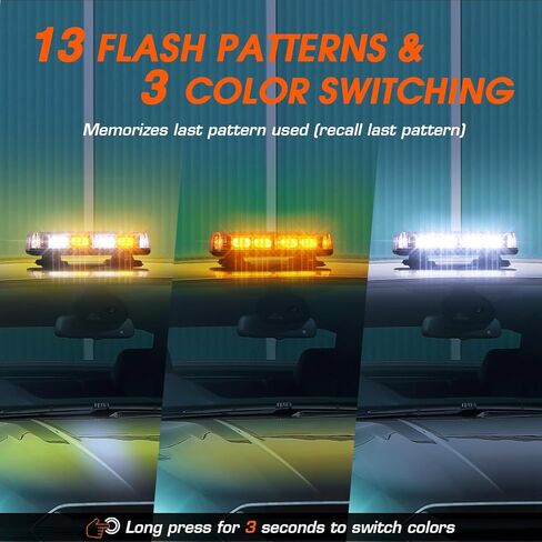 LINKITOM 36-LED Strobe Light Bar, 3-Color Warning Light with 13 Patterns, Super Strong Magnetic Base & IP66 Waterproof for Trucks, Emergency, Construction in Kuwait