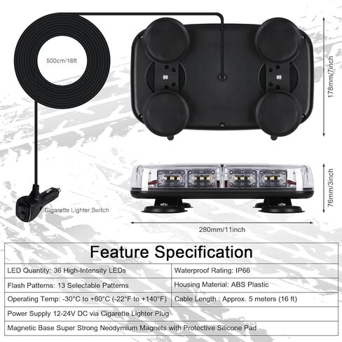 LINKITOM 36-LED Strobe Light Bar, 3-Color Warning Light with 13 Patterns, Super Strong Magnetic Base & IP66 Waterproof for Trucks, Emergency, Construction in Kuwait