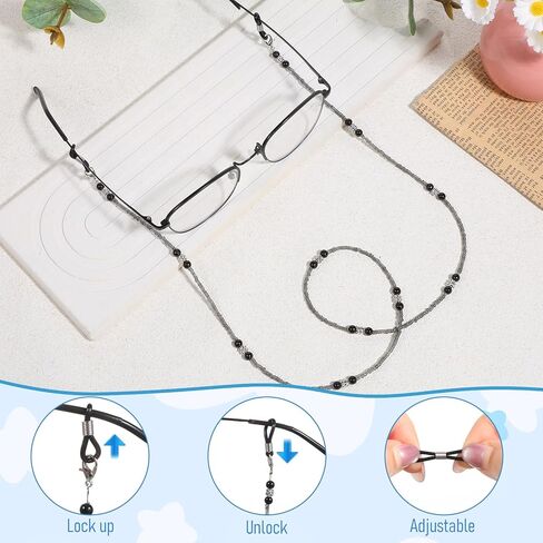SHENLIU 2PCS Beaded Eyeglass Chain, Glasses Strap for Women Mask Lanyard Sunglasses Chains Black Beaded Glasses Holders around Neck in Saudi Arabia