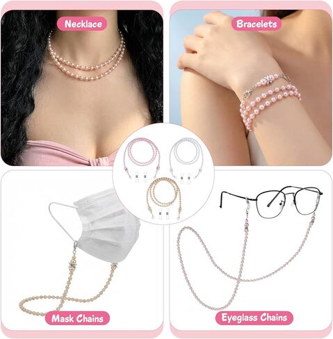 سلسلة TIESOME 3 قطع للنظارات النسائية، سلاسل النظارات مطرزة للنساء، حبل رقبة للنظارات الشمسية من الأكريليك اللؤلؤي، حامل حزام النظارات حول الرقبة (أبيض، وردي، شامبانيا) in Saudi Arabia