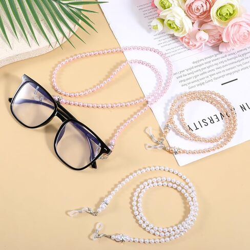 سلسلة TIESOME 3 قطع للنظارات النسائية، سلاسل النظارات مطرزة للنساء، حبل رقبة للنظارات الشمسية من الأكريليك اللؤلؤي، حامل حزام النظارات حول الرقبة (أبيض، وردي، شامبانيا) in Saudi Arabia