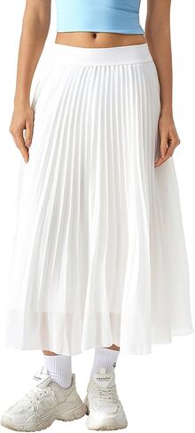 QINSEN Women's Elegant Flowy Pleated Chiffon Skirts A-line Swing Midi Skirts Elastic Waist Soft Linging in Saudi Arabia