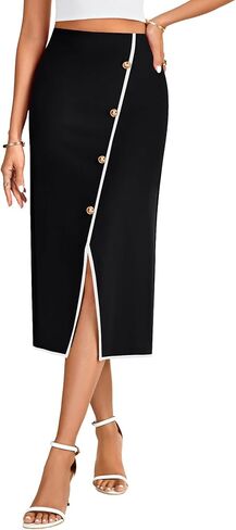 Umenlele Women's High Waist Decorative Buttons Split Hem Elegant Long Skirt in Saudi Arabia