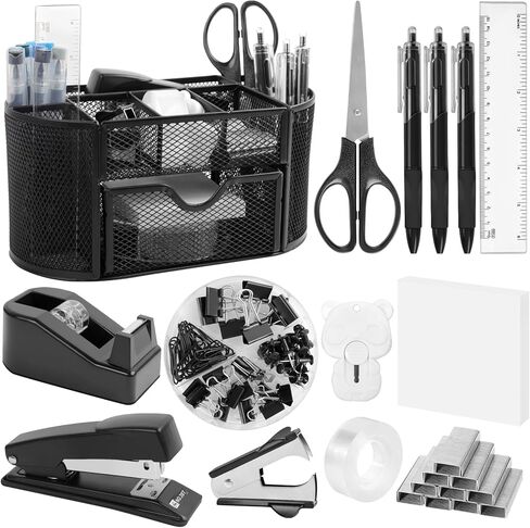 Office Supplies for Desk,14pcs Black Desk Sets and Accessories, Office Supply Kit with Mesh Desktop Organizer and Stapler,Staple Remover, Staples,Tape Dispenser,Sticky Tabs,Scissors, Ruler in Kuwait