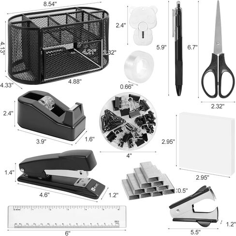 Office Supplies for Desk,14pcs Black Desk Sets and Accessories, Office Supply Kit with Mesh Desktop Organizer and Stapler,Staple Remover, Staples,Tape Dispenser,Sticky Tabs,Scissors, Ruler in Kuwait