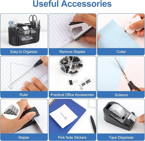 Office Supplies for Desk,14pcs Black Desk Sets and Accessories, Office Supply Kit with Mesh Desktop Organizer and Stapler,Staple Remover, Staples,Tape Dispenser,Sticky Tabs,Scissors, Ruler in Kuwait