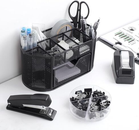 Office Supplies for Desk,14pcs Black Desk Sets and Accessories, Office Supply Kit with Mesh Desktop Organizer and Stapler,Staple Remover, Staples,Tape Dispenser,Sticky Tabs,Scissors, Ruler in Kuwait