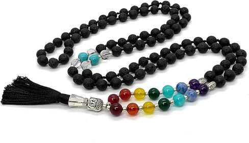Energized 7 Chakra mala Hand Knotted 108 mala beads necklaces - Japa mala - Buddhist prayer beads - Meditation beads - Healing crystals for men women (Lava Rock chakra mala) in Saudi Arabia